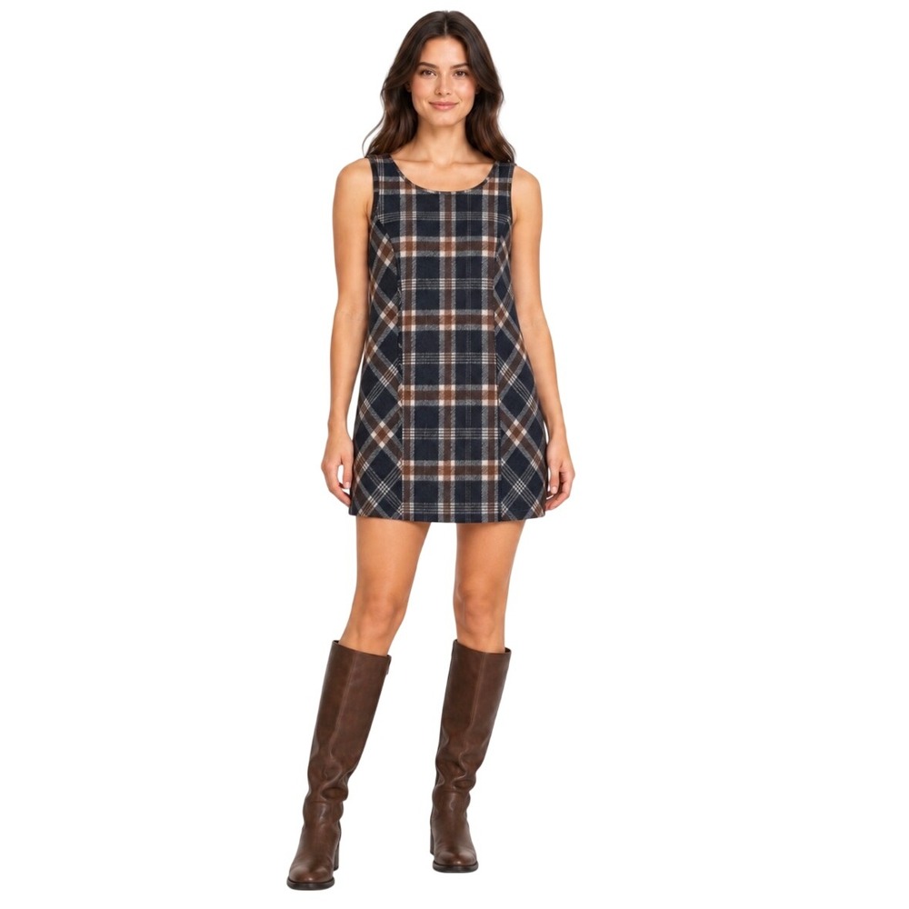 Miou Muse Plaid Mini Dress Navy Brown Sleeveless Scoop Neck Shift Style Size M